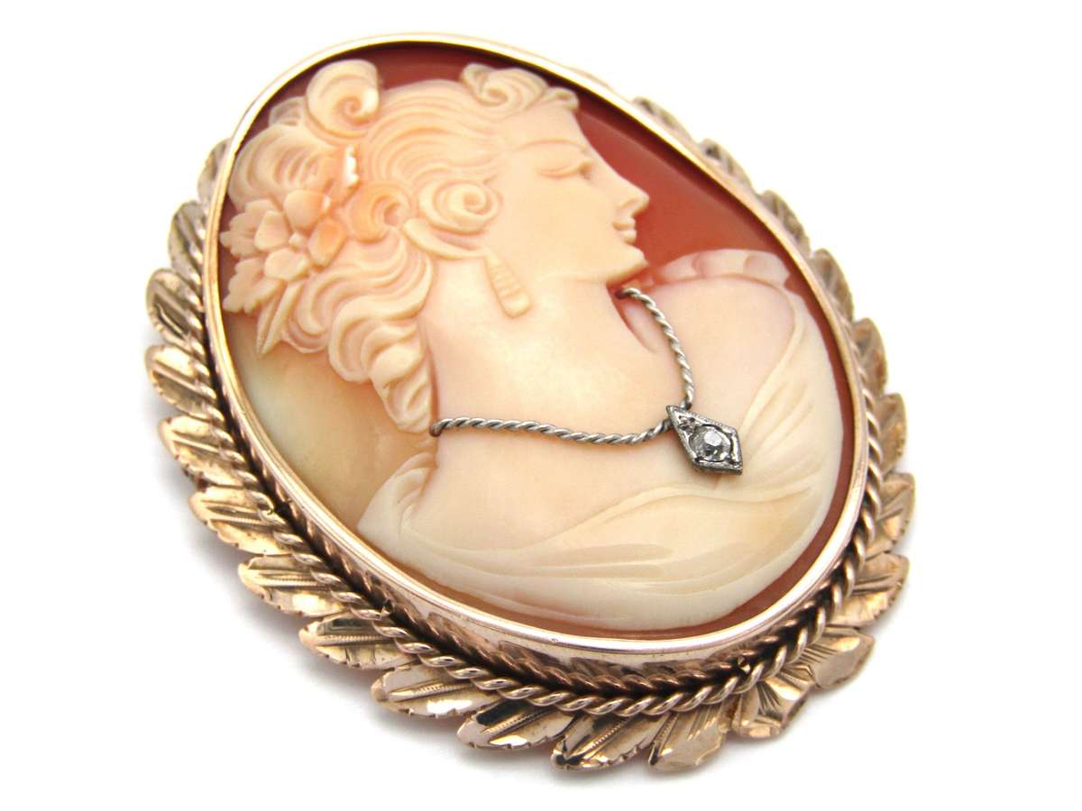 Antique, 9K gold Italian cameo and diamond brooch