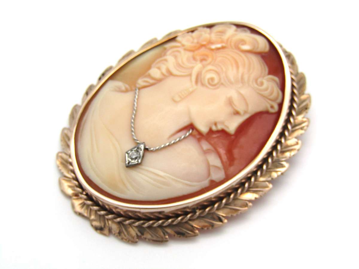 Antique, 9K gold Italian cameo and diamond brooch