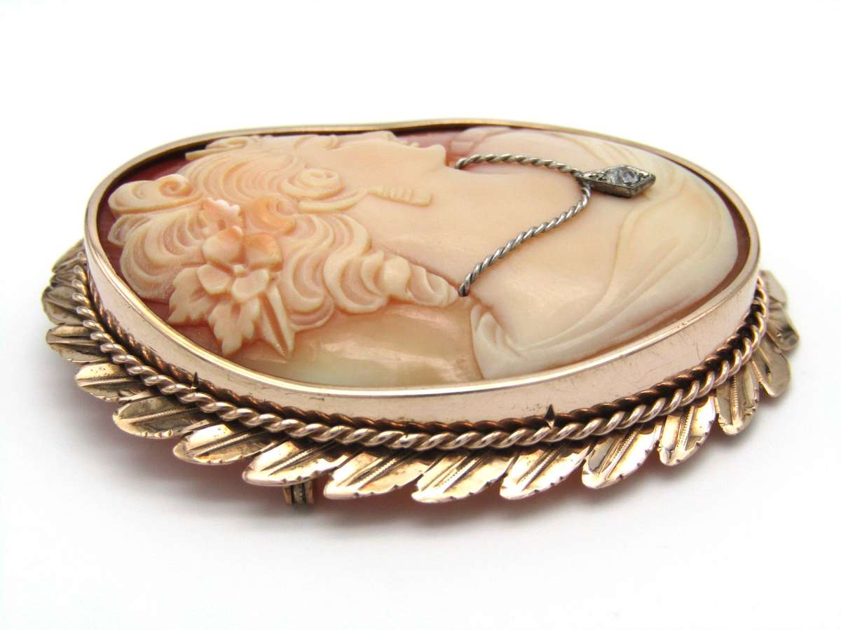 Antique, 9K gold Italian cameo and diamond brooch