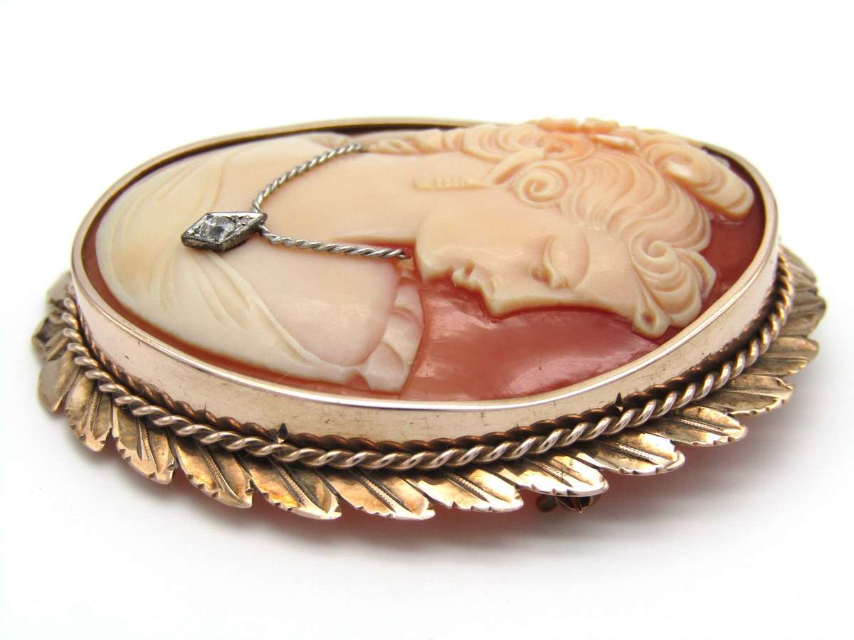 Antique, 9K gold Italian cameo and diamond brooch
