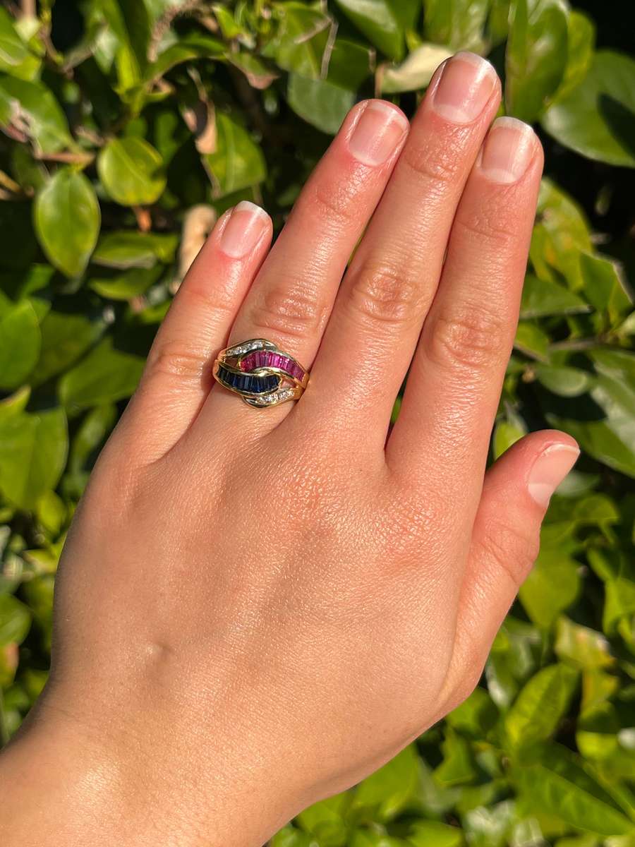 Vintage, 18K gold ruby, sapphire, and diamond bypass ring, c.1980s
