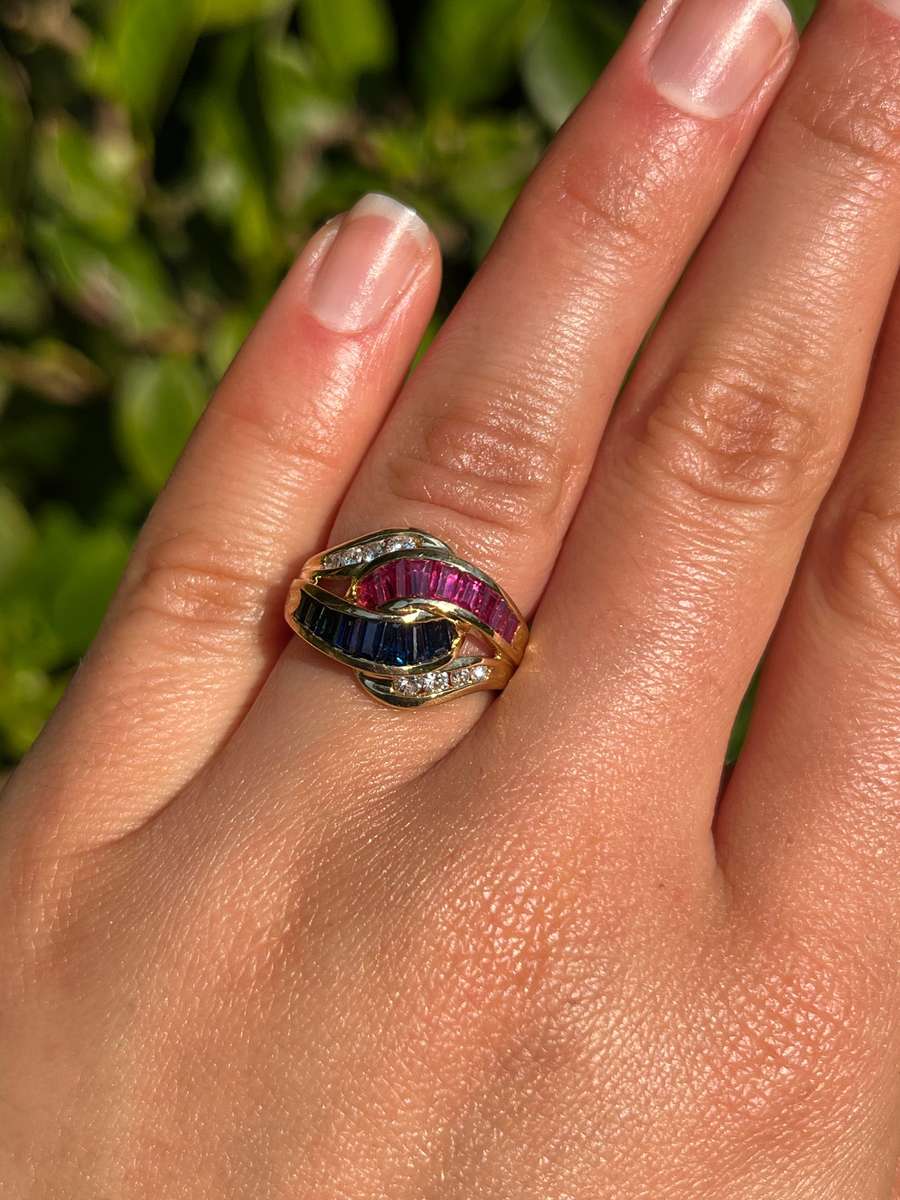 Vintage, 18K gold ruby, sapphire, and diamond bypass ring, c.1980s
