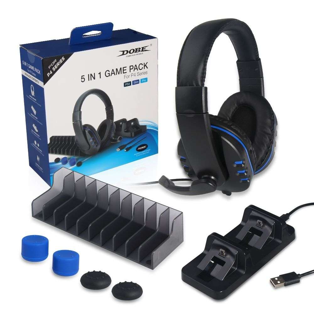 SMTE - DOBE 5 in 1 Headphones - Charging Dock -Game Stand -Silicon Caps For PS4
