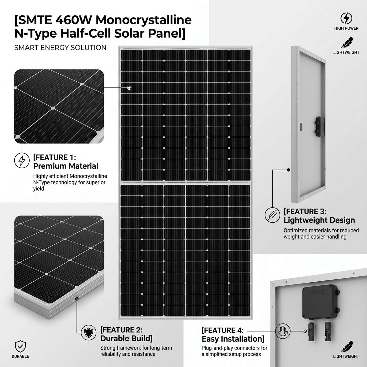 SMTE 460W Monocrystalline N-Type Half-Cell Solar Panel