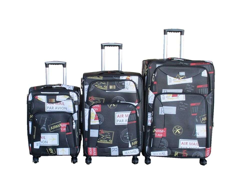 SMTE -  3 PiecePU Leather Expandable Trolley Luggage with Travel Print Design