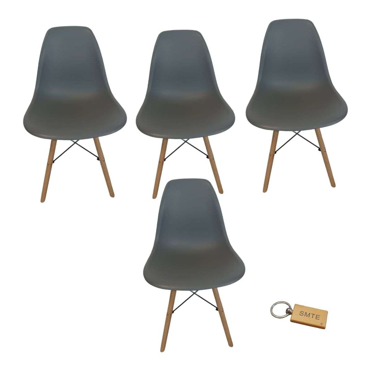 SMTE -  Plastic Chair With Wooden Leg Set of 4+  KeychainGrey