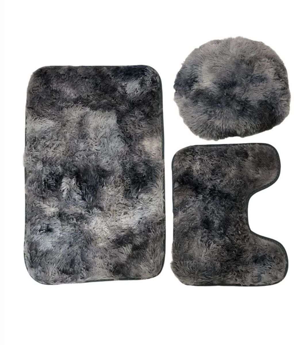 SMTE -  3 Piece Fluffy Toilet Seat Cover & Bathroom Mats Set - Mix Grey