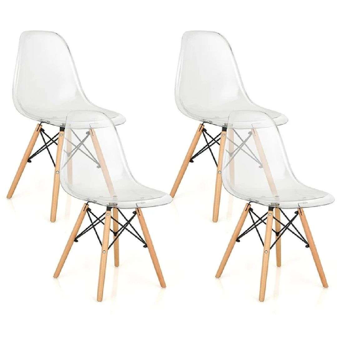 SMTE -  Set of 4 Dining Chairs Modern plastic shell side chair w/ clear wooden leg