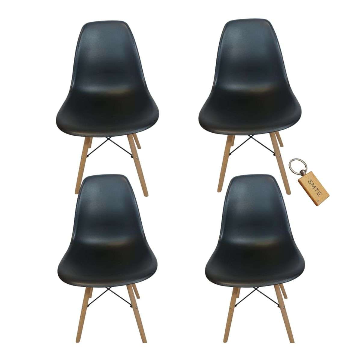 SMTE -  Plastic Chair With Wooden Leg Set of 4+  KeychainBlack