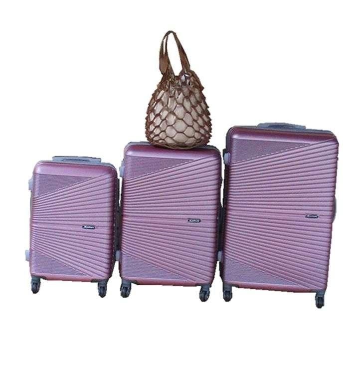 SMTE -  Pink 3Piece ABS Luggage Set + Brown Net Tote Travel Bag