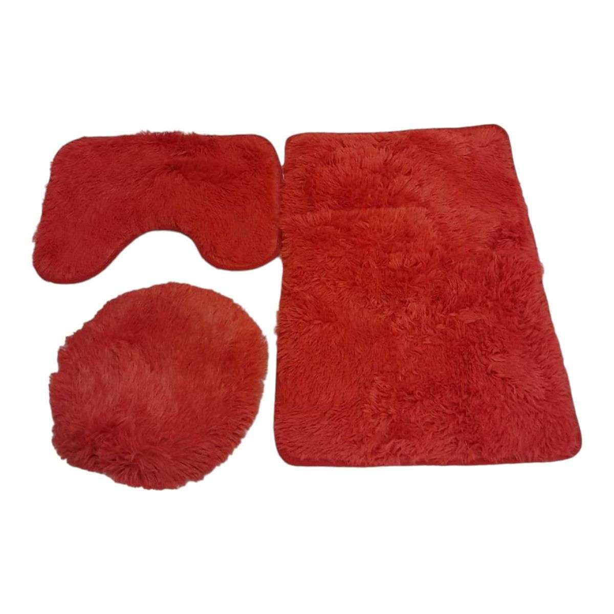 SMTE -  3 Piece Fluffy Toilet Seat Cover & Bathroom Mats Set - Red