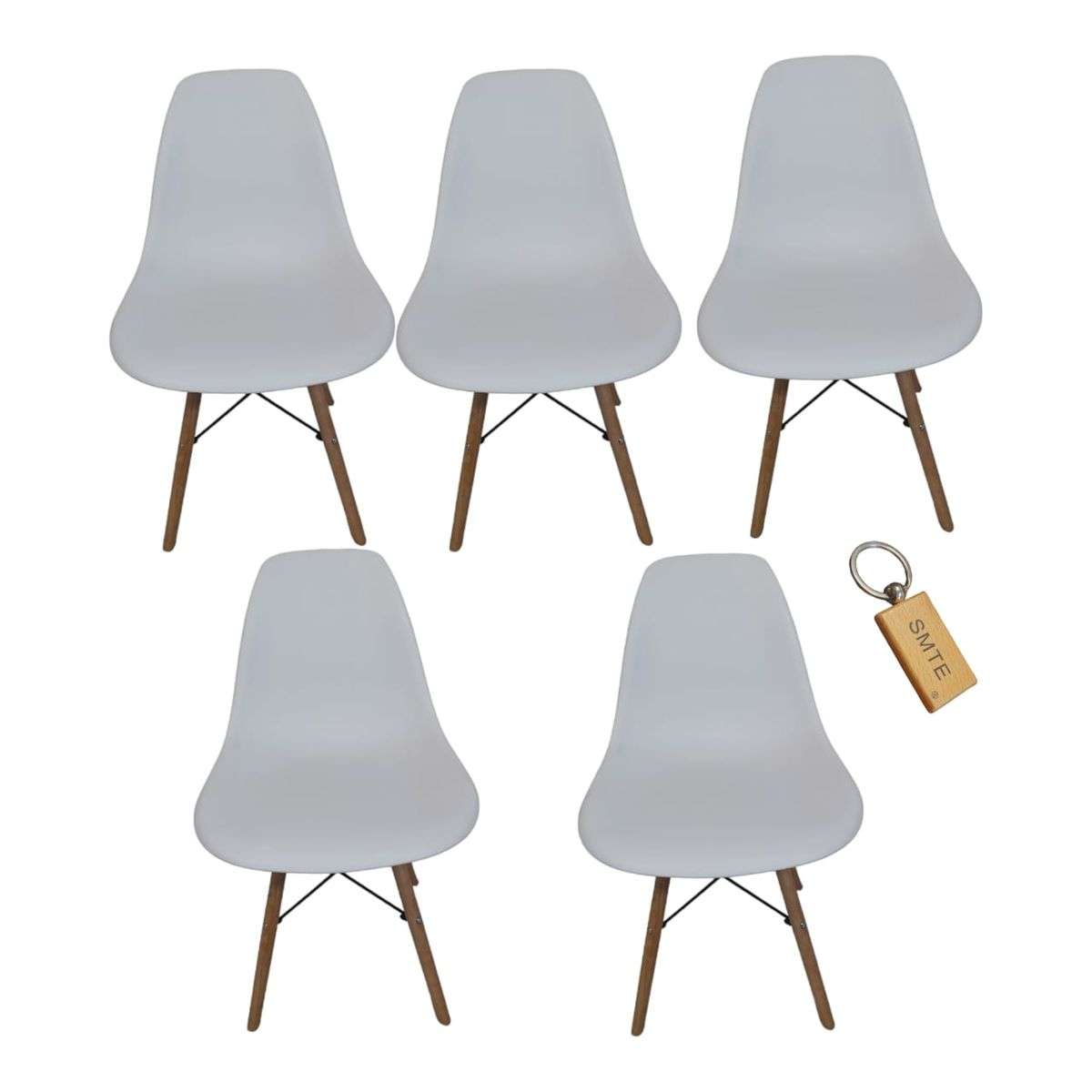 SMTE -  Plastic Chair With Wooden Leg Set of 5+  KeychainWhite