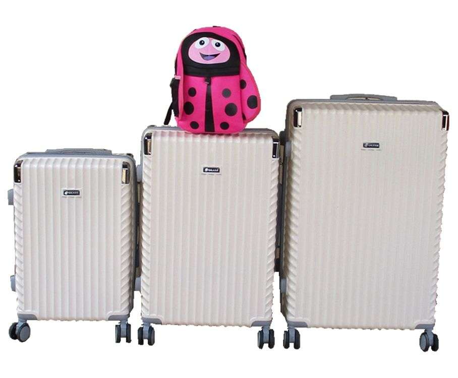 SMTE -  Cream 3Piece ABS Spinner Luggage Set + Kids Pink Ladybug Travel Bag