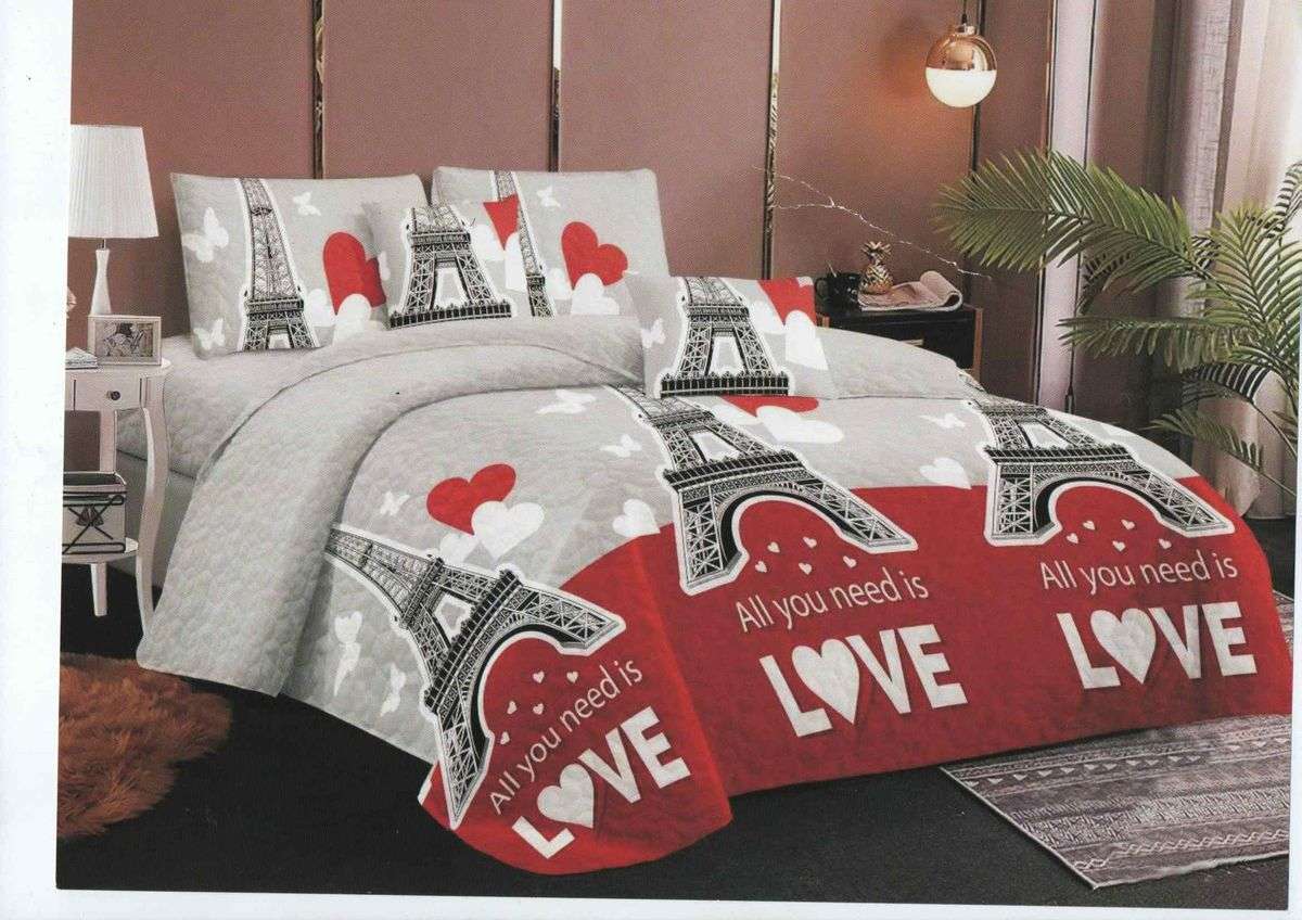 SMTE -  Bedspread Set 5 Piece Microfiber - F14 - D5- (Red & Grey) - Queen