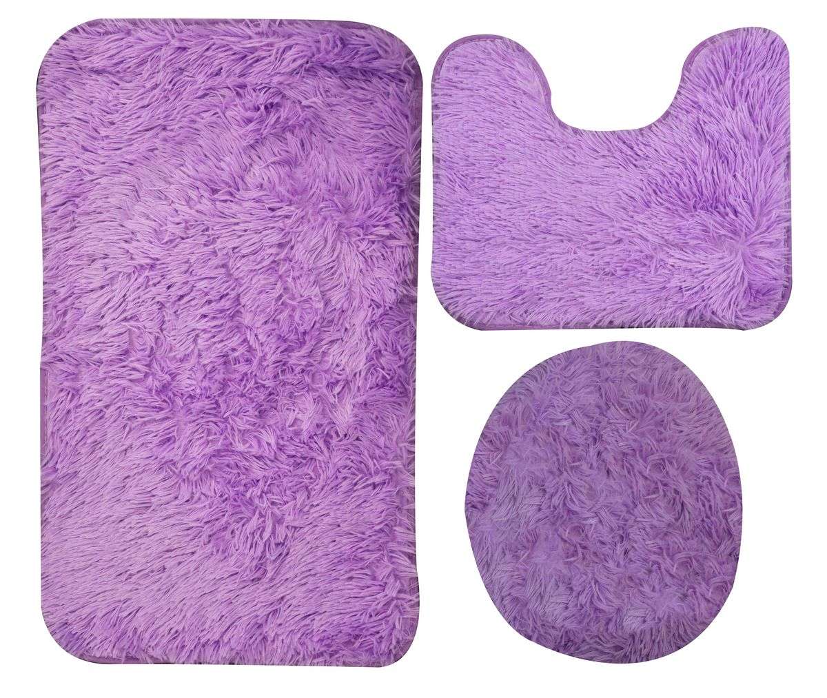 SMTE - 3 Piece Fluffy Toilet Seat Cover & Bathroom Mats Set - Purple