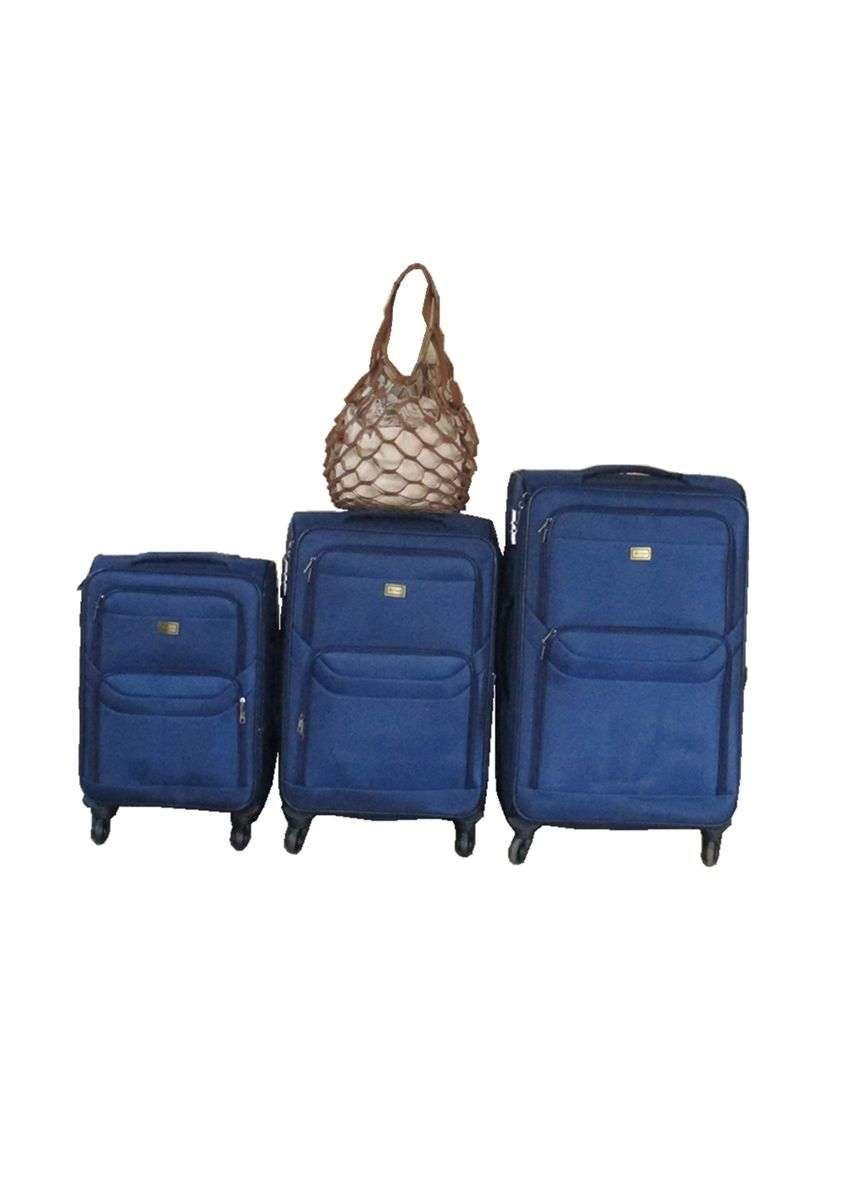 SMTE - Navy 4-Piece Spinner Luggage Set with Brown Mesh Tote Bag - Travel Combo