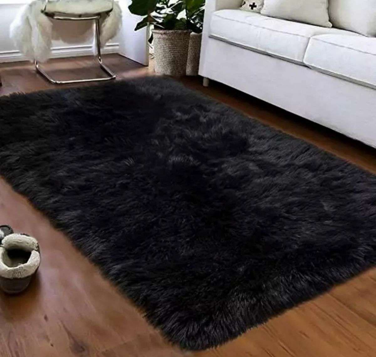 SMTE - Fluffy Carpet Black - Shaggy & Foldable Rug Black 200 x 150