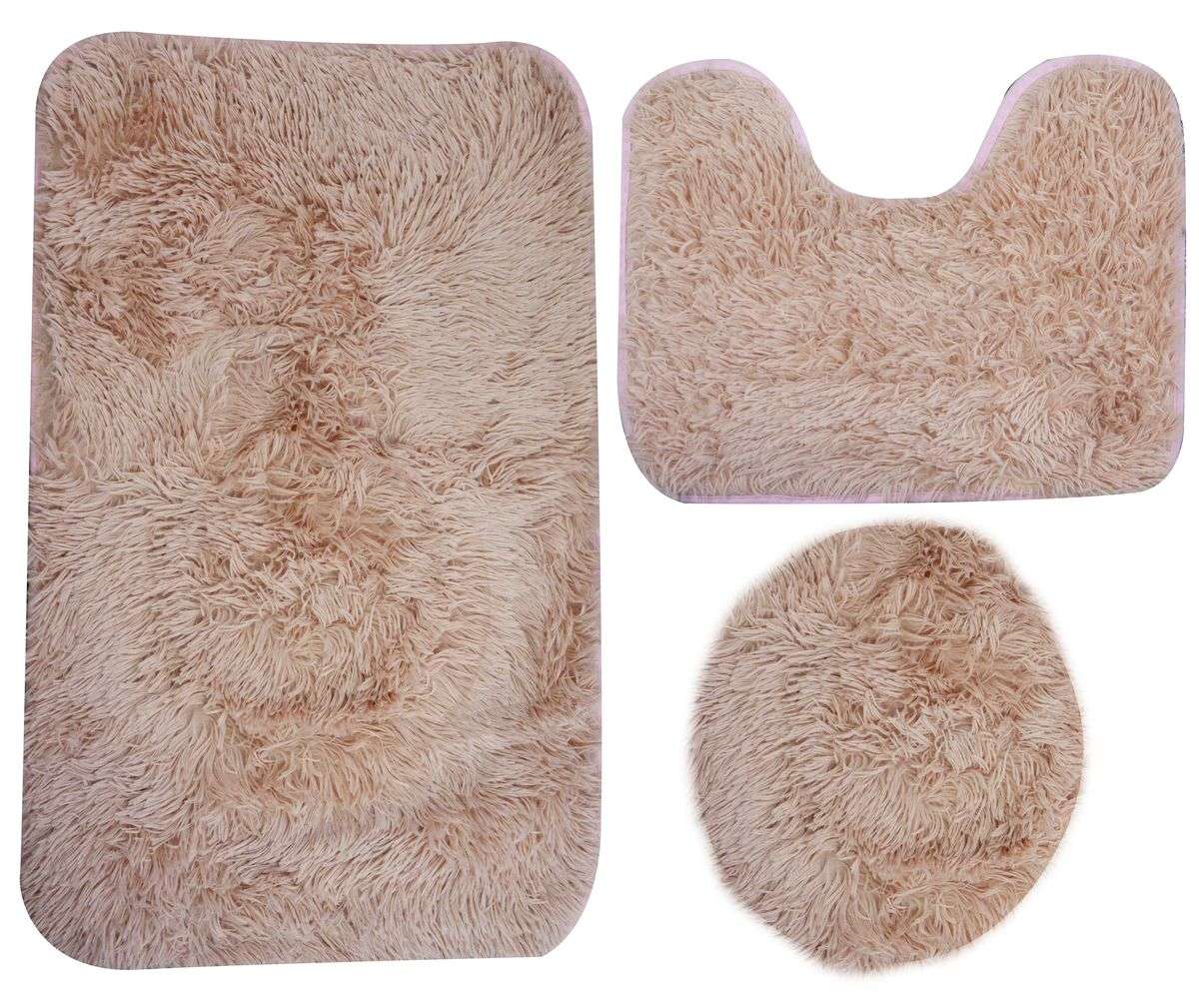SMTE - 3 Piece Fluffy Toilet Seat Cover & Bathroom Mats Set - Pink