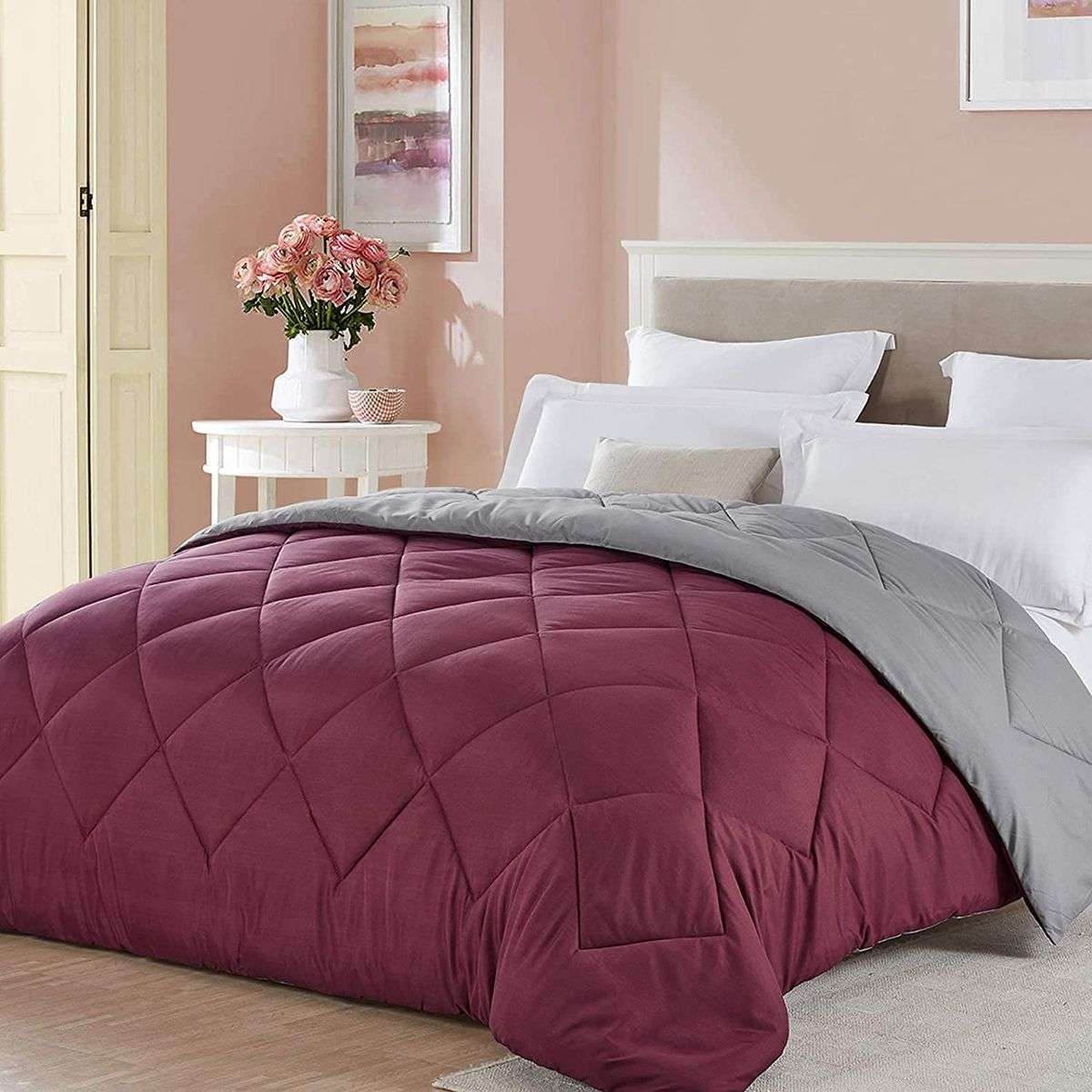 SMTE - Reversible Comforter 5 Piece Burgundy/Gray - Queen