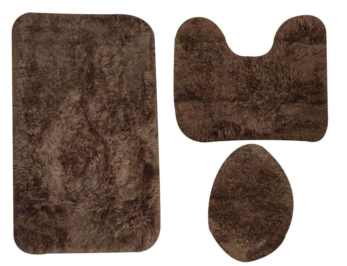 SMTE - 3 Piece Fluffy Toilet Seat Cover & Bathroom Mats Set - Dark Brown