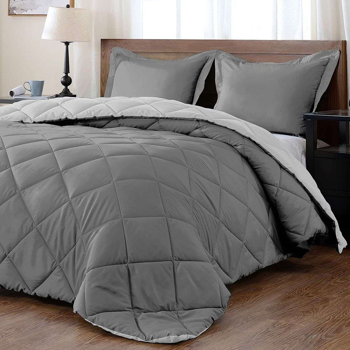 SMTE - Reversible 5 Piece Comforter set Charcoal and Grey - Double