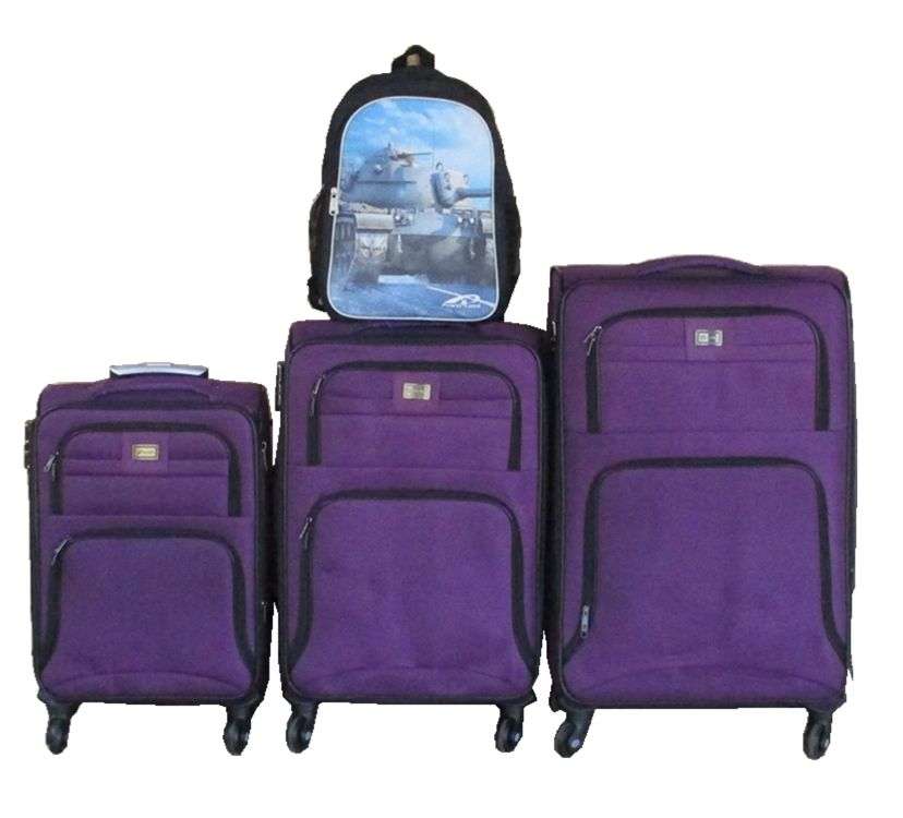 SMTE - Purple 3-Piece Fabric Spinner Luggage Set with Scenic Tank Backpack