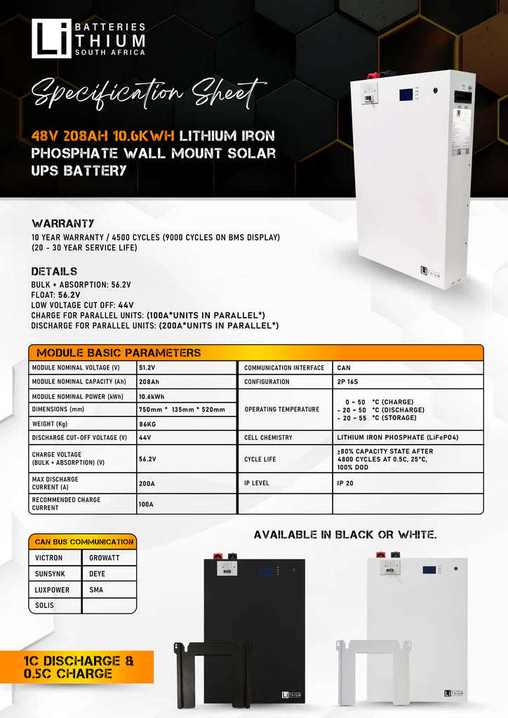 LBSA 51.2V 208Ah 10.6kWh LiFePO4 Battery Wall Mount White