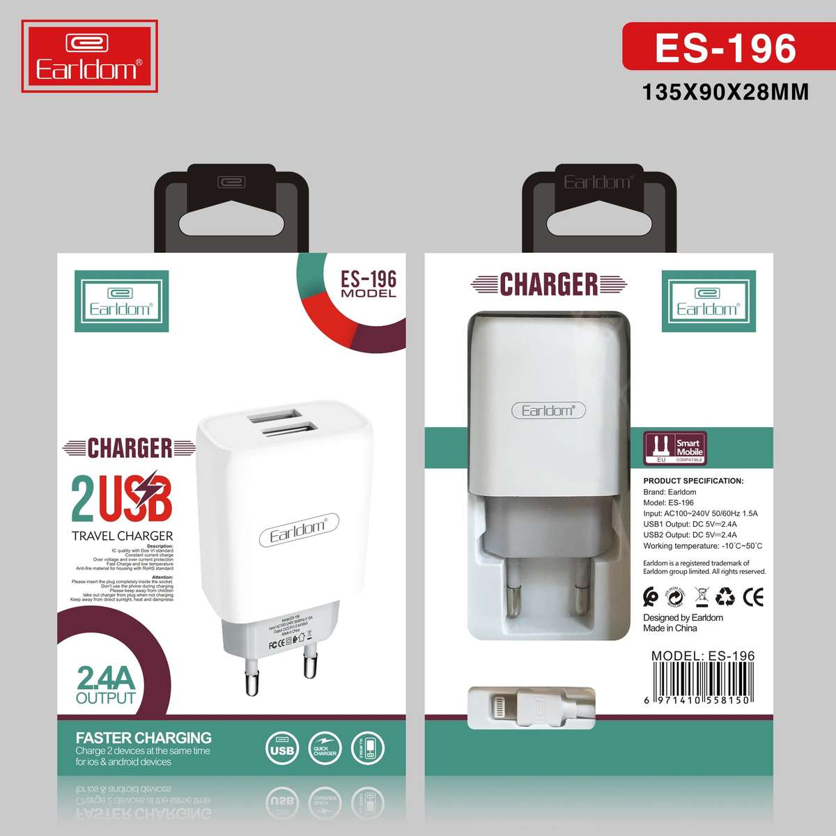 Earldom ES-196 2.1A 2USB Charger - Micro