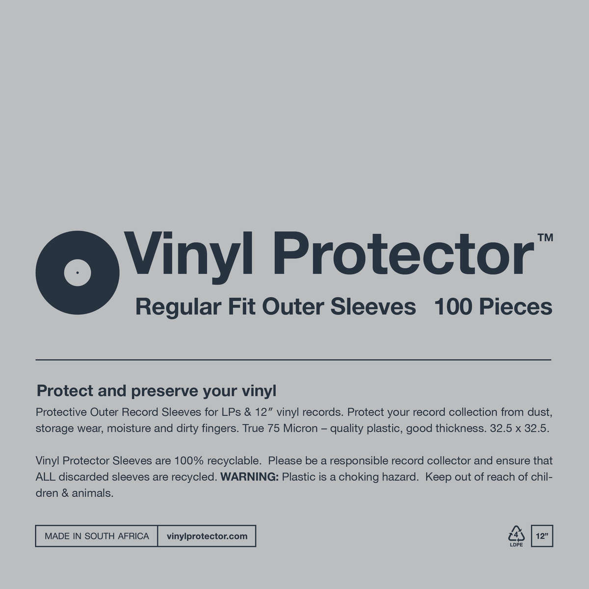 Vinyl Protector  12 Plastic Outer Record Sleeves  REGULAR FIT (100)