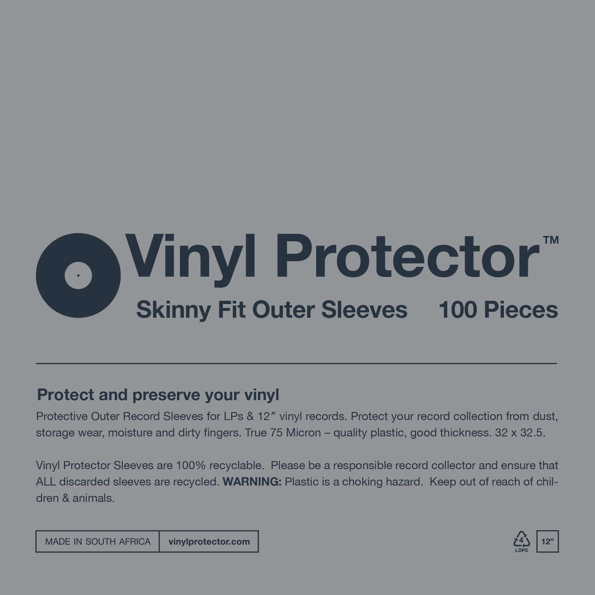 Vinyl Protector  12 Plastic Outer Record Sleeves  SKINNY FIT (100)