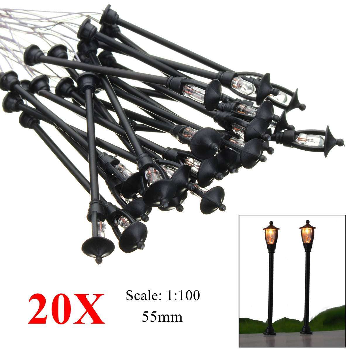 20pcs Model Garden Lamps HO Scale 1:100 Black Model Layout Single Head Garden Lights Lamppost Lan...