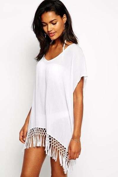 Midi Kaftan with tassels LB-L38214 - one size / White / 100%polyester