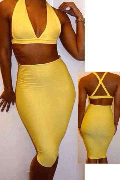 Yellow 2piece Bodycon Dress H-QC9136 - L / Yellow