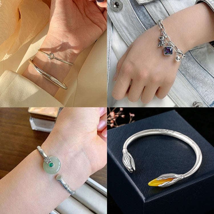 925 Sterling Silver Vintage Open Bracelet Hand Decoration, Specification:SL0702
