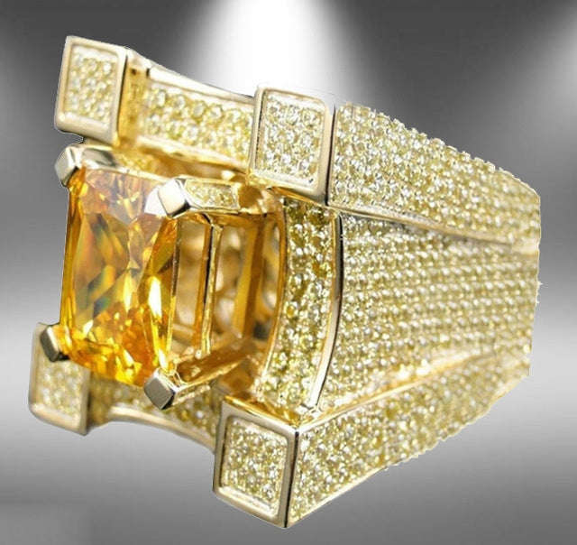 Men Luxurious Microencrusted Zircon Ring, Ring Size:12(Gold)
