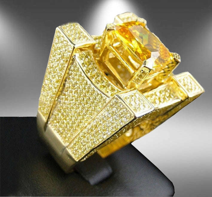 Men Luxurious Microencrusted Zircon Ring, Ring Size:12(Gold)