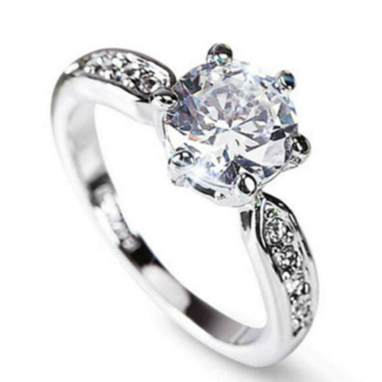 Female Classic Crystal Six-Claw  Ring Wedding Ring, Ring Size:7(White Gold)