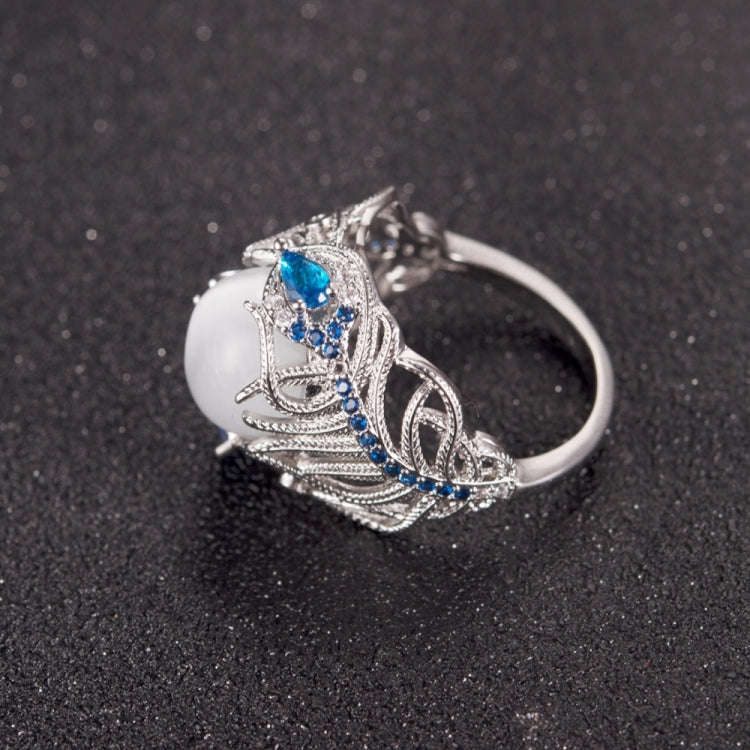 Vintage Silver Hollow Natural Opal Rings Feather Pattern Rings for Women Jewelry, Ring Size:9