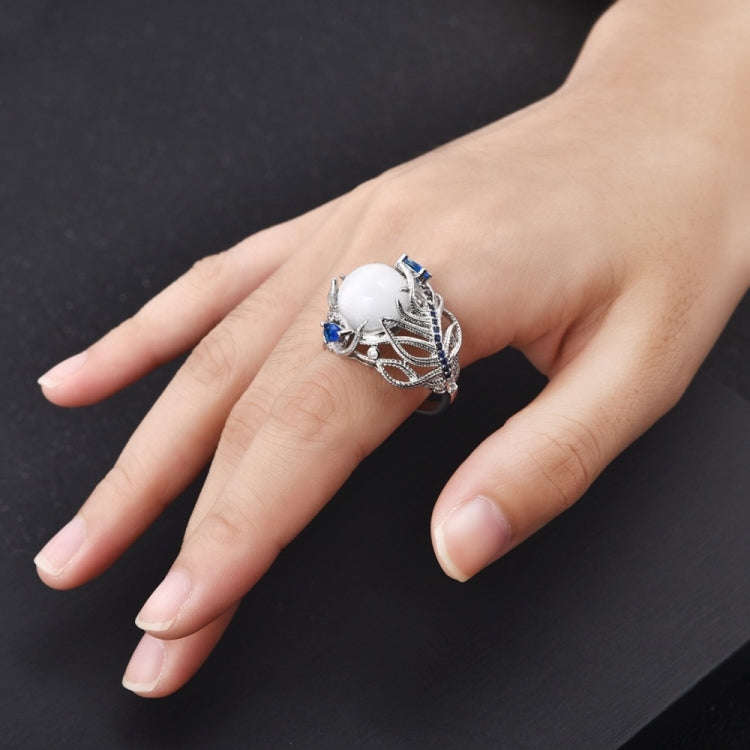 Vintage Silver Hollow Natural Opal Rings Feather Pattern Rings for Women Jewelry, Ring Size:9