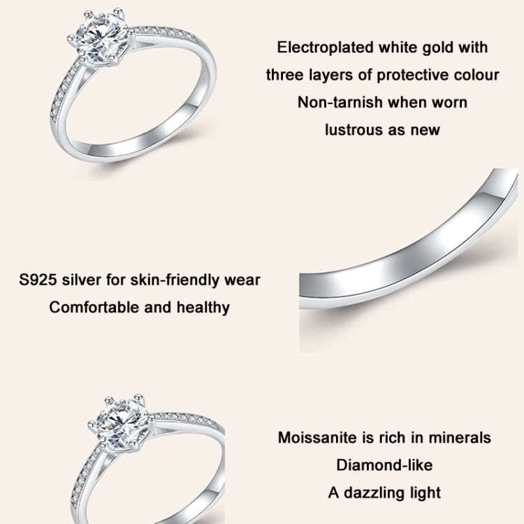 MSR004 Sterling Silver S925 Six Claw Moissanite Ring White Gold Plated Jewellery, Size: No.9