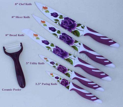 Professional Knife Set - Colorful 6 piece knives set stainless steel with Non-stick coating - Purple