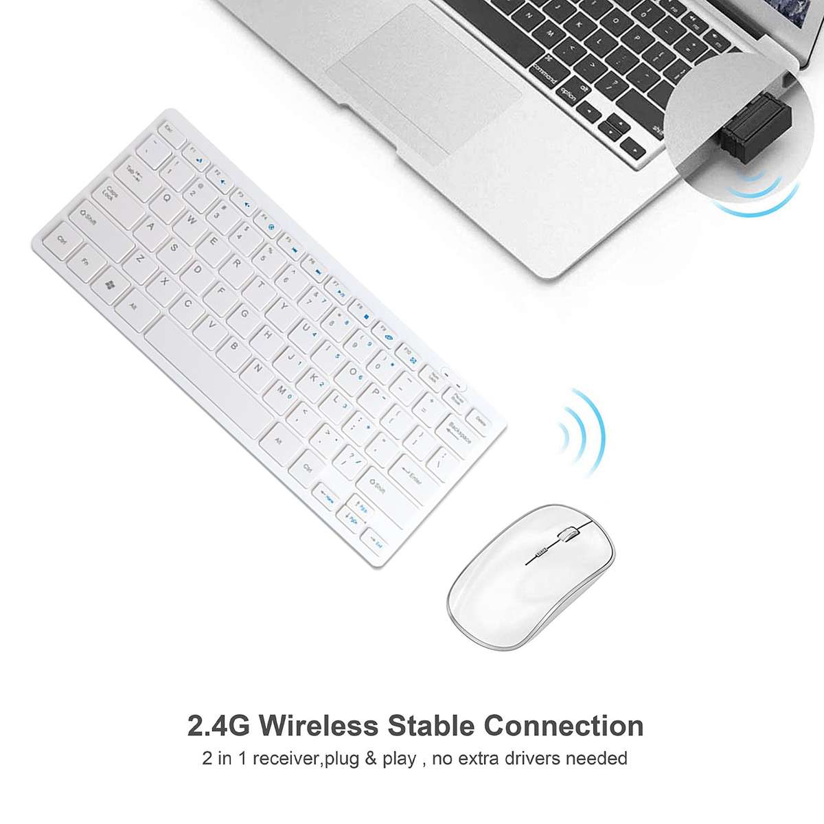 Wireless Mini Keyboard Ultra-Thin Mouse Combo Set for Desktops Laptops - White