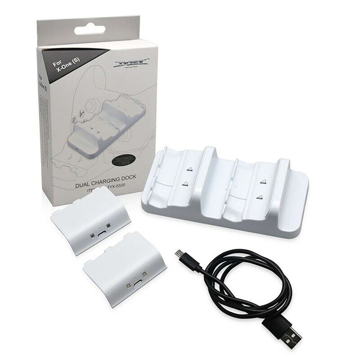 Xbox One/S Dual Charging Dock Controller Charger & 2* Rechargeable Batteries - Black - White