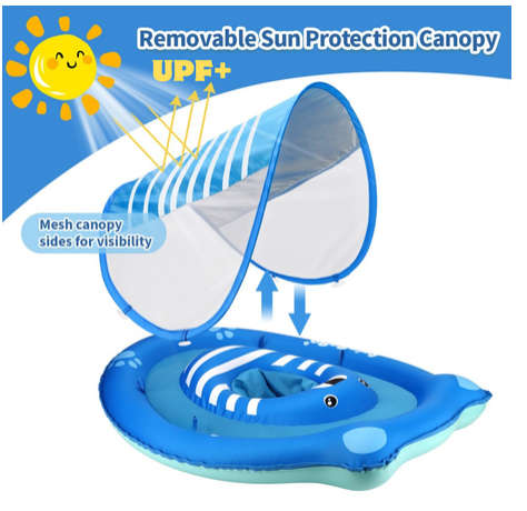 Inflatable Baby Swim Float with Sun Canopy ,Infant & Children Pool Floaties - Blue
