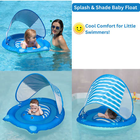 Inflatable Baby Swim Float with Sun Canopy ,Infant & Children Pool Floaties - Blue