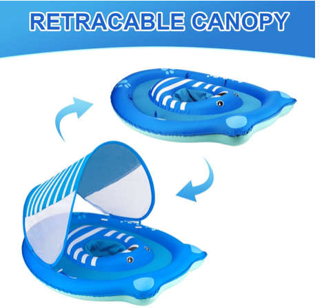 Inflatable Baby Swim Float with Sun Canopy ,Infant & Children Pool Floaties - Blue