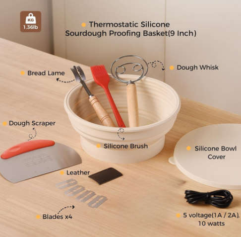 9 Pcs Electric Banneton Sourdough Bread Proofing Basket Set,Silicone Warmer