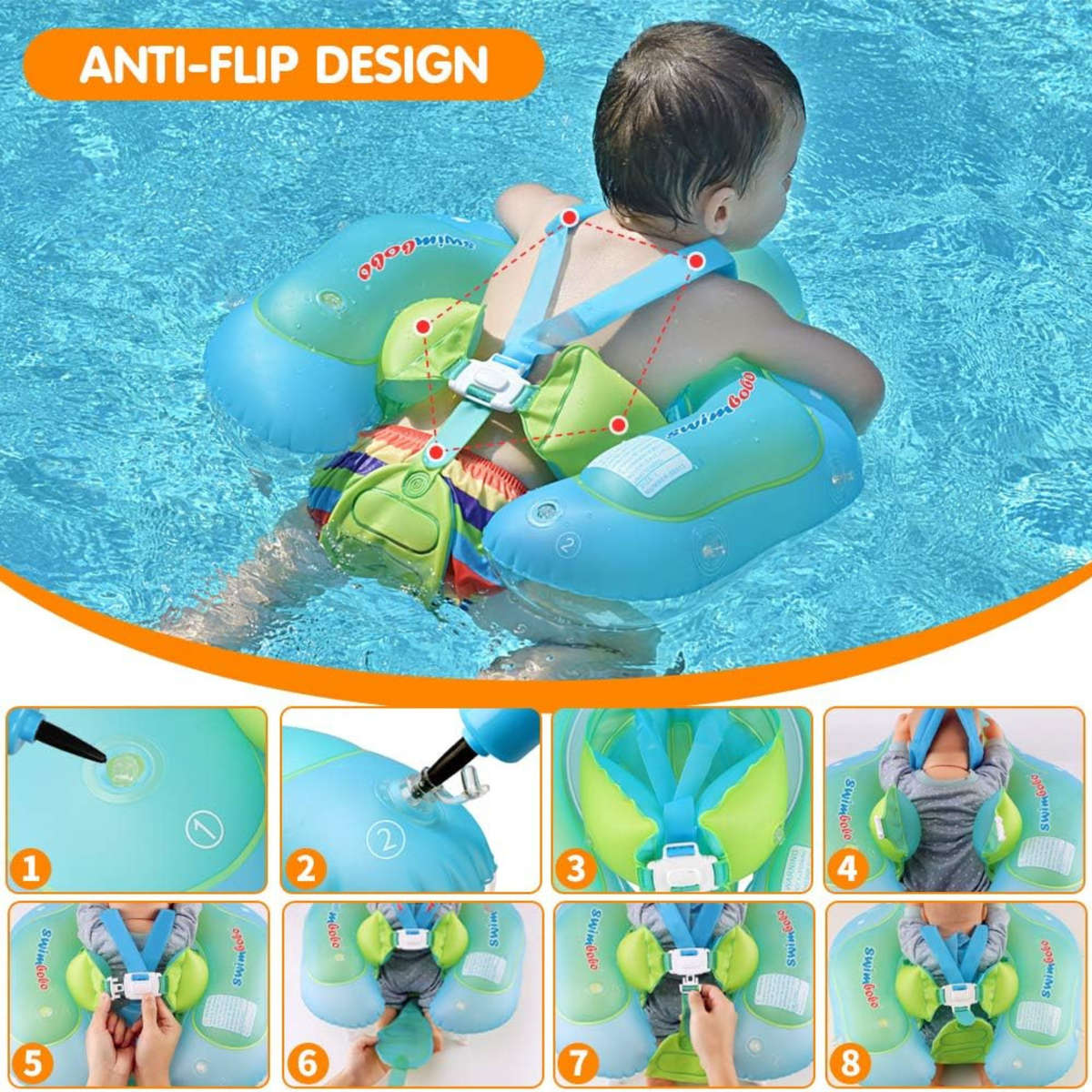 Inflatable Baby Swim Float with Sun Canopy ,Infant & Children Pool Floaties - Green