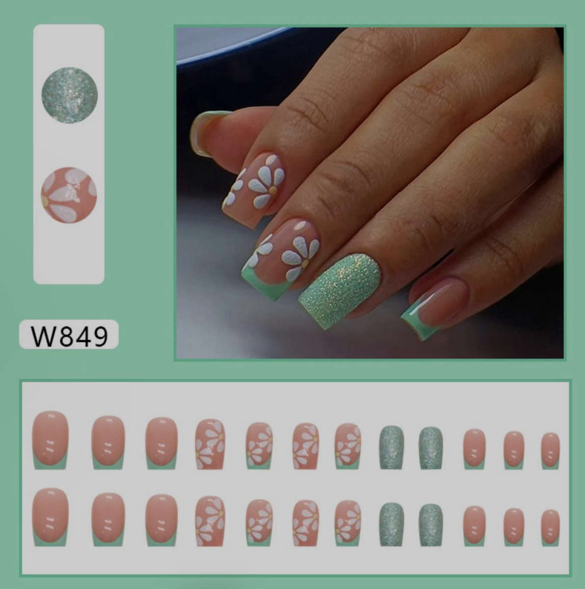 Green Daisies Square Press On Nails