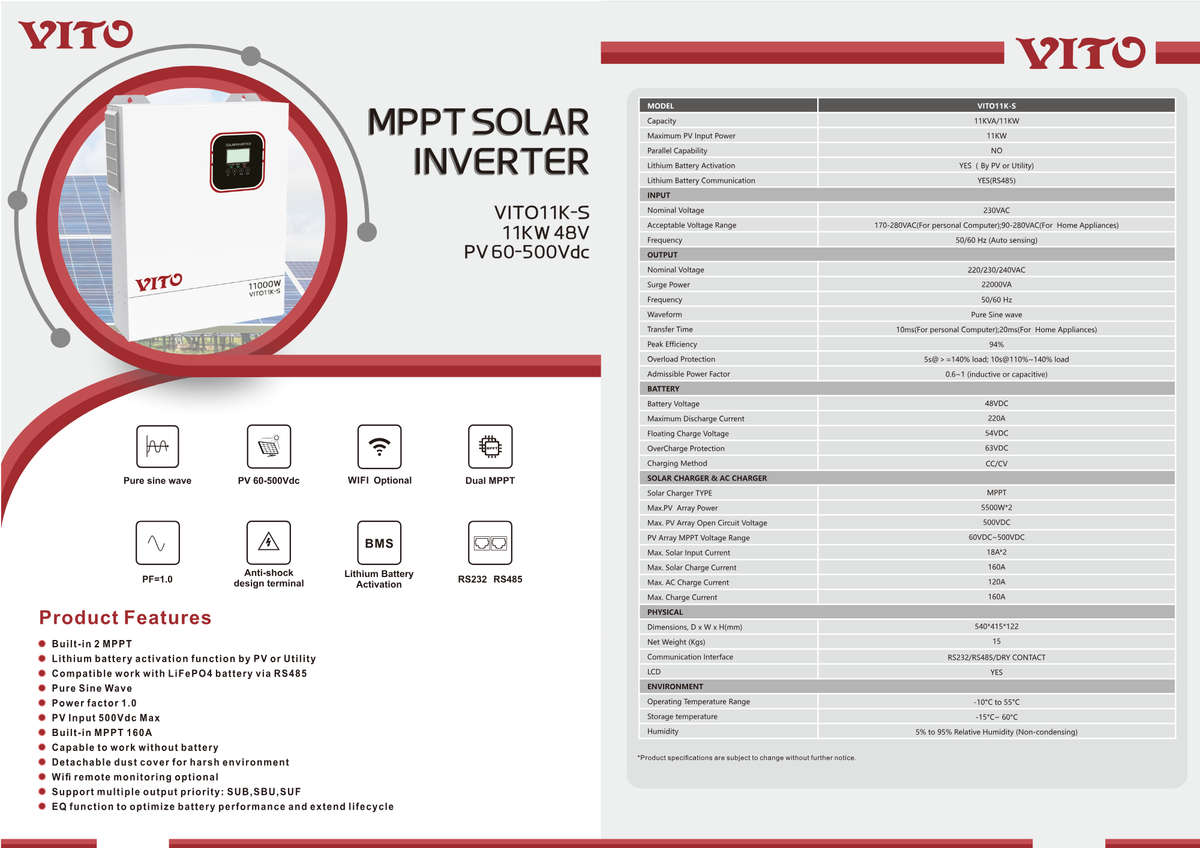 VITO 11KVA 11000W 48V 160A MPPT HBRID INVERTER